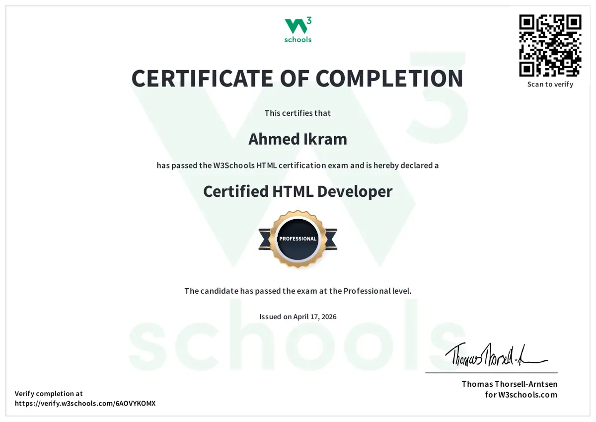 W3Schools Certified HTML Developer certificate issued to Ahmed Ikram