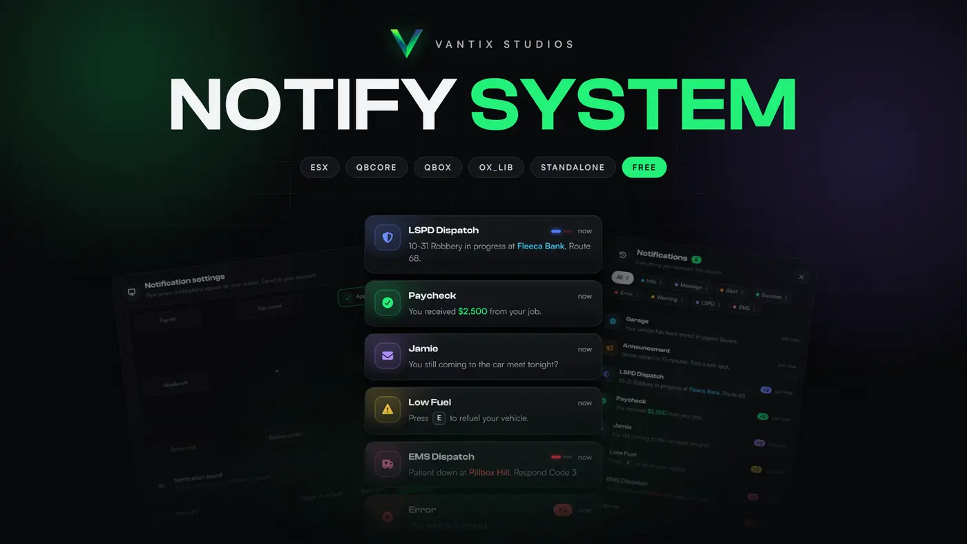 Vantix Notify System, a free FiveM notification script with dispatch alerts and a notification history