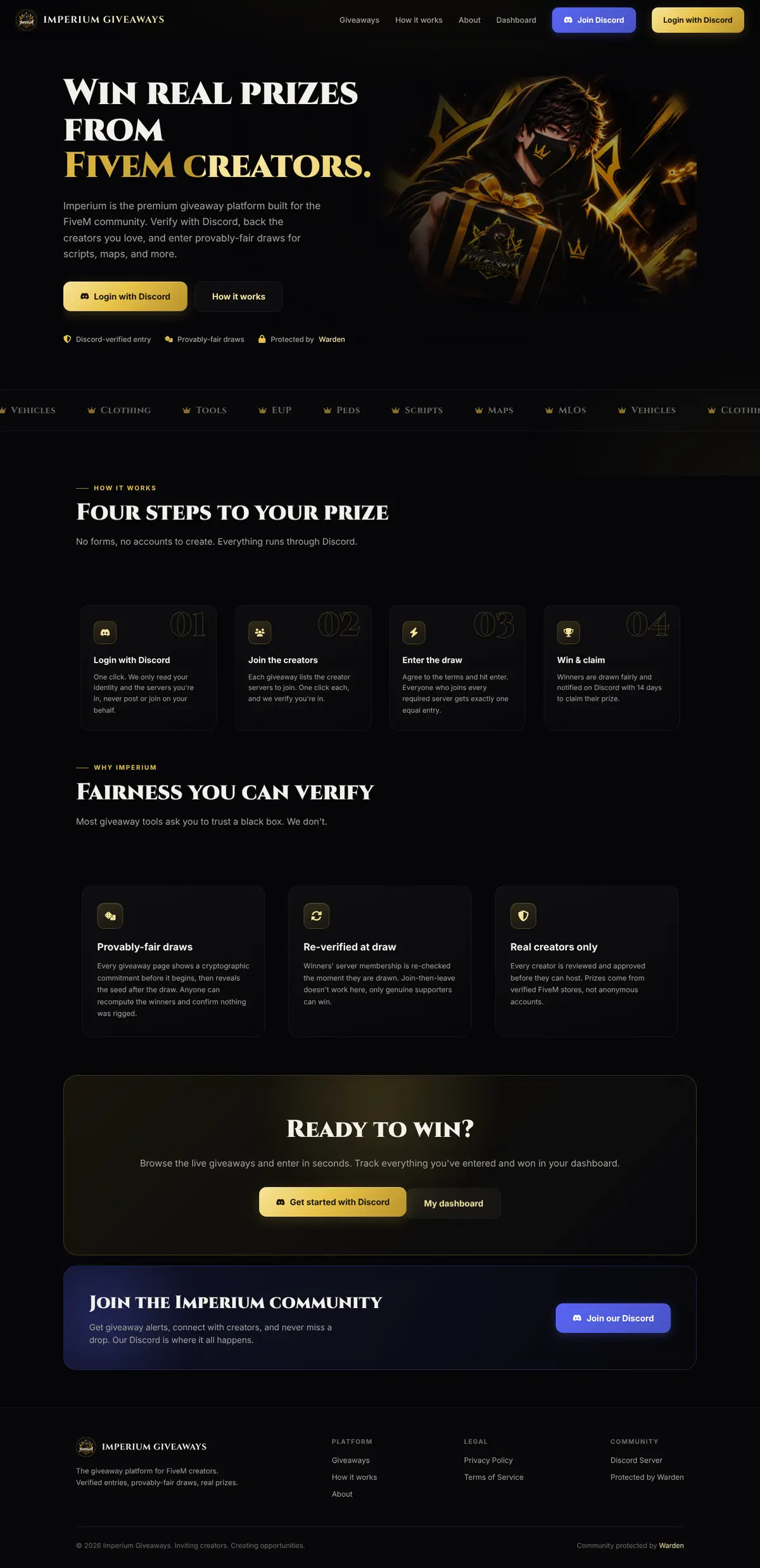 Home page of Imperium Giveaways, a giveaway platform for FiveM creators built by Ahmed Ikram