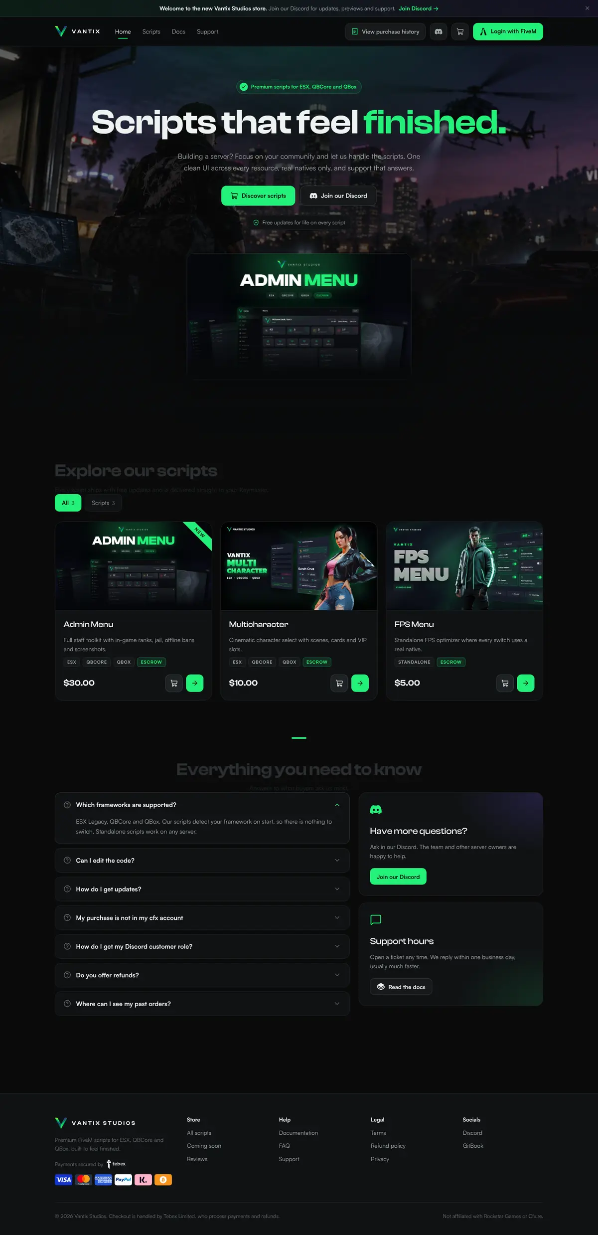 Home page of the Vantix Studios store, a custom FiveM script store built by Ahmed Ikram